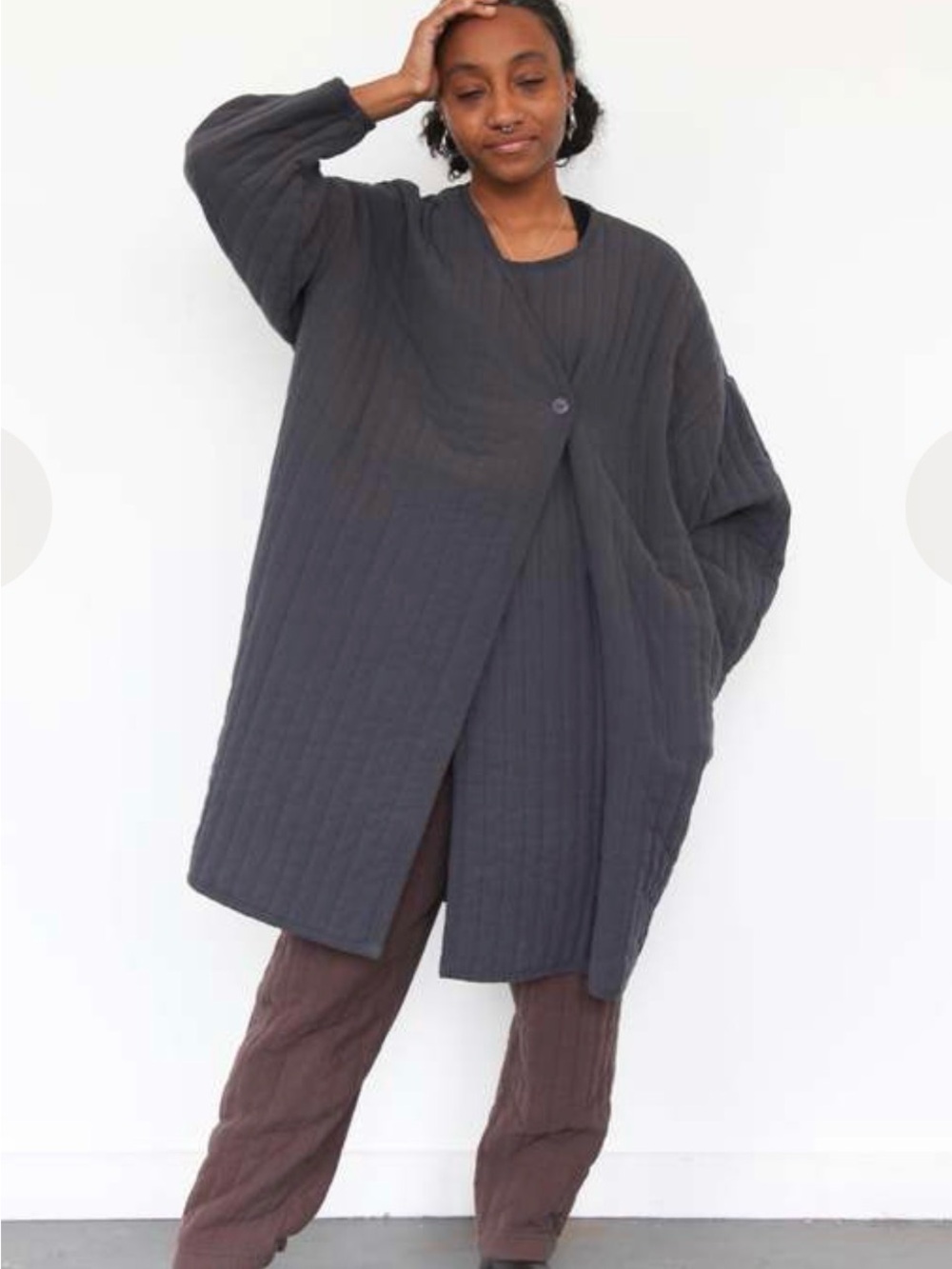 Black Crane Quilted Cotton Coat in dark navy
